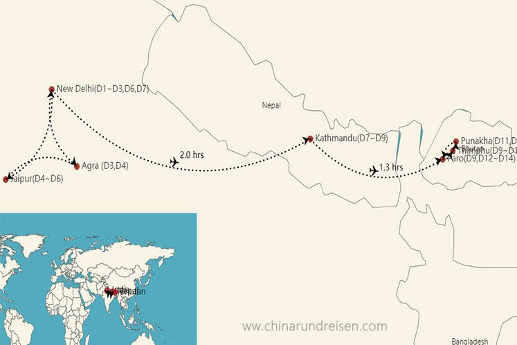 reiseroute indien nepal bhutan