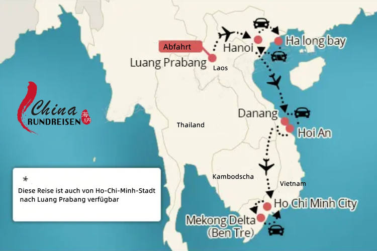 Laos Vietnam  Reiseroute 2 Wochen Landkarte