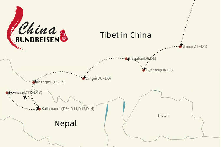 Tibet Nepal Reiseroute 2 Wochen Karte