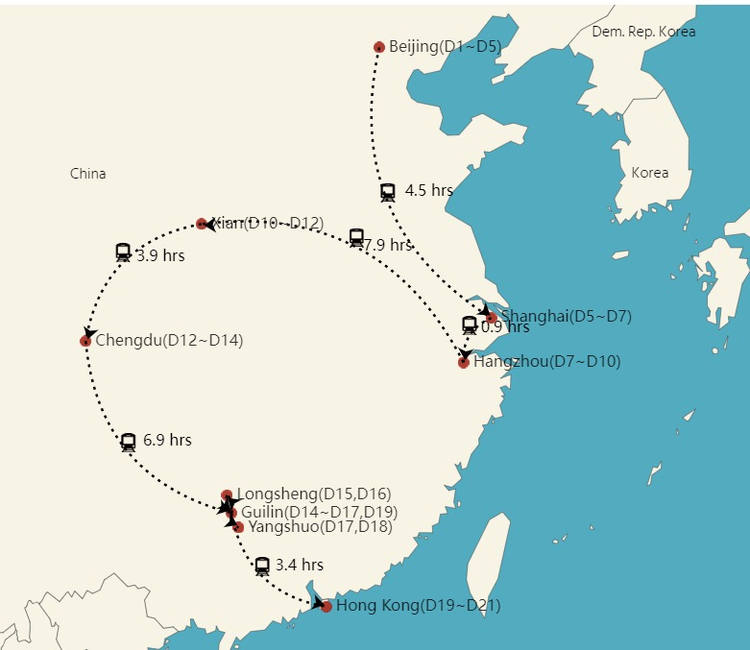 China Rundreise 3 Wochen Route