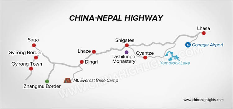 Tibet-Nepal Highway Landkarte