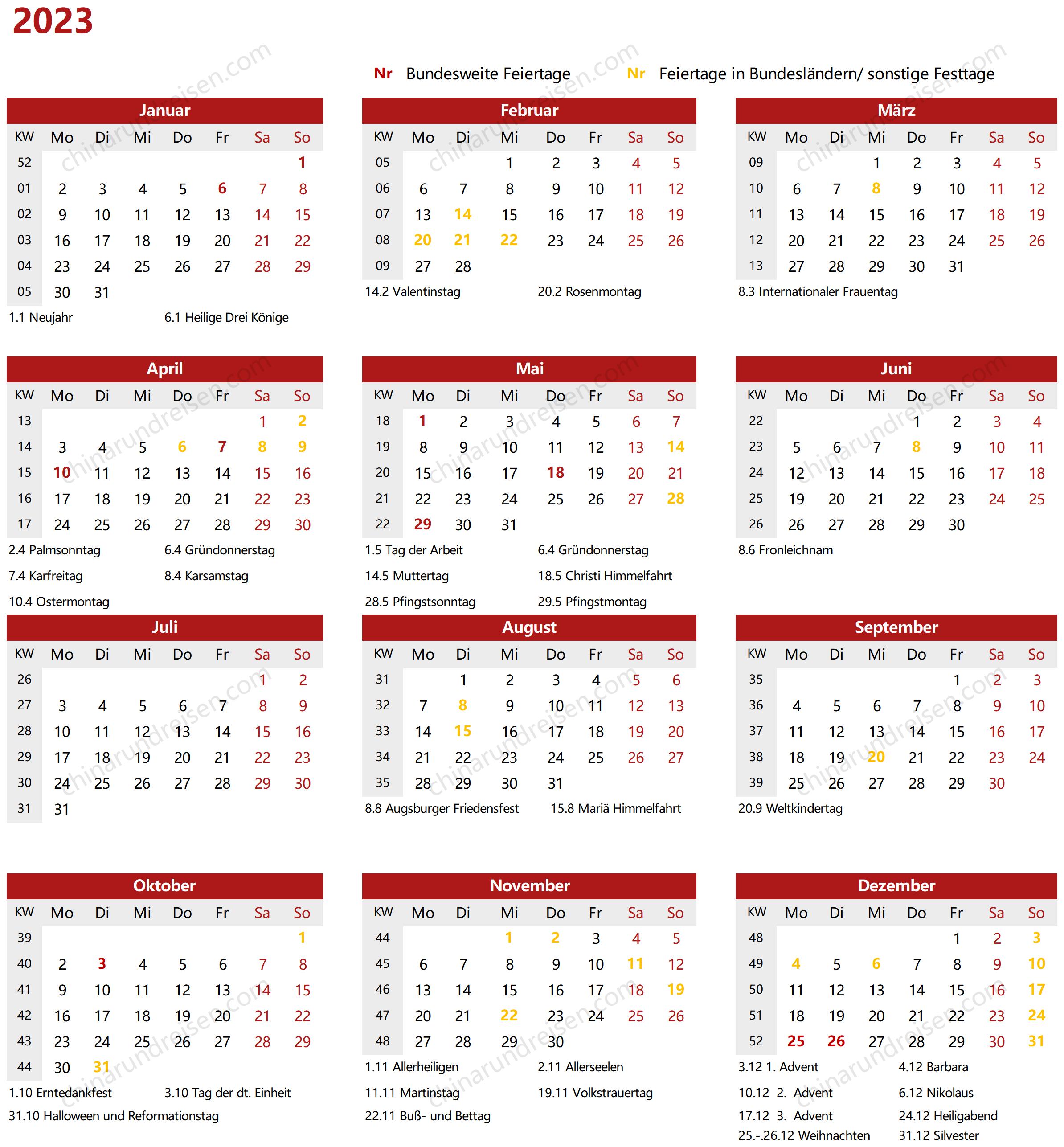 Kalender 2023 mit Feiertagen & Kalenderwochen