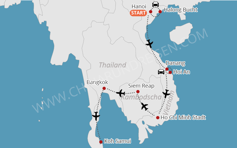 Asien Rundreise Route 2-3 Wochen Thailand Vietnam Kambodscha 