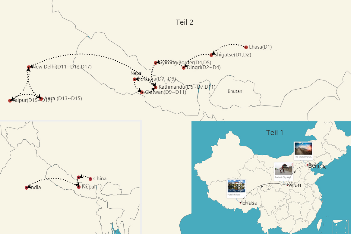 China, Nepal und Indien Reise Landkarte