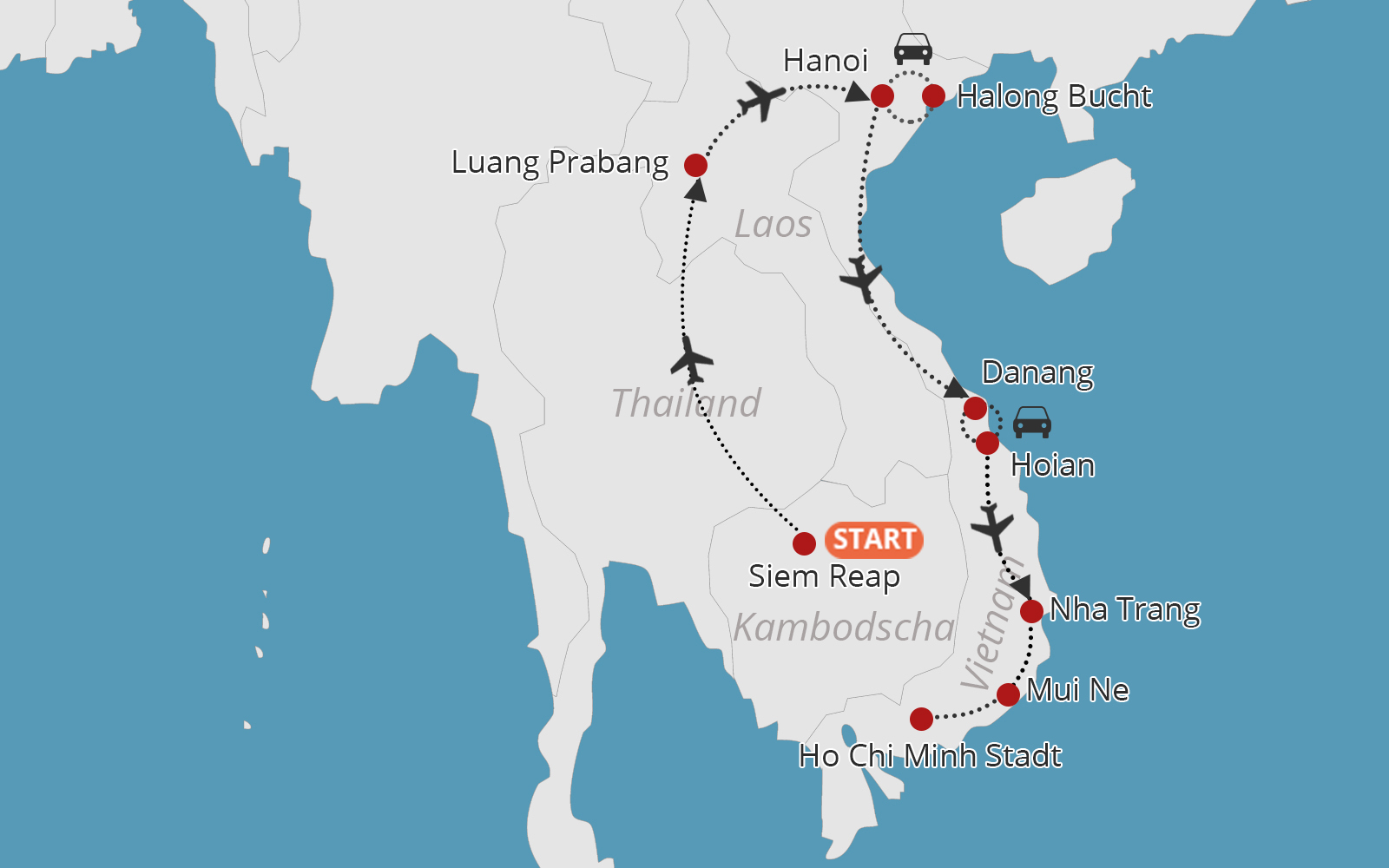 3 Wochenn Südostasien Reiseroute